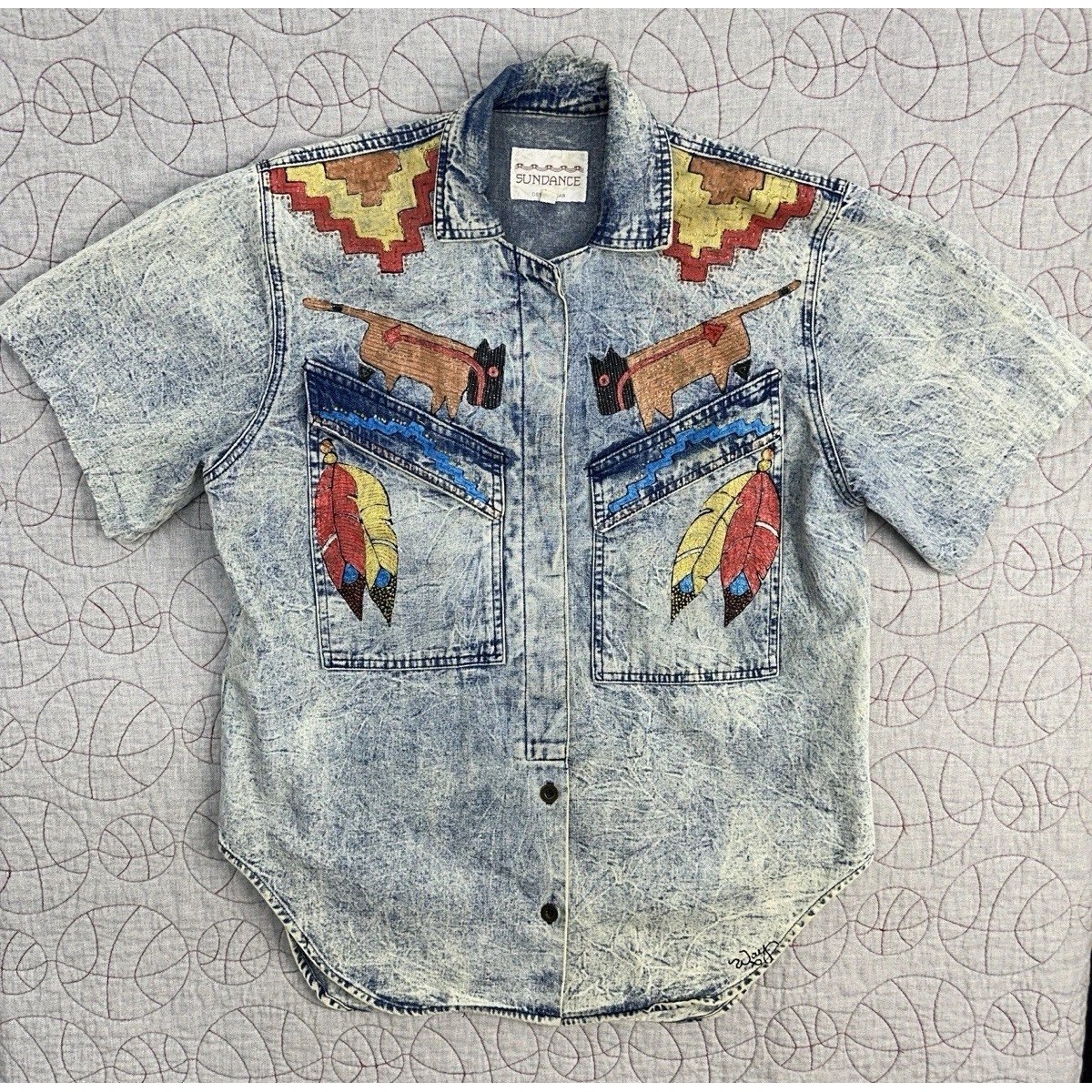 Vtg Sundance Denim Wear Usa Hand Painted Southwestern Button Shirt / Size Small